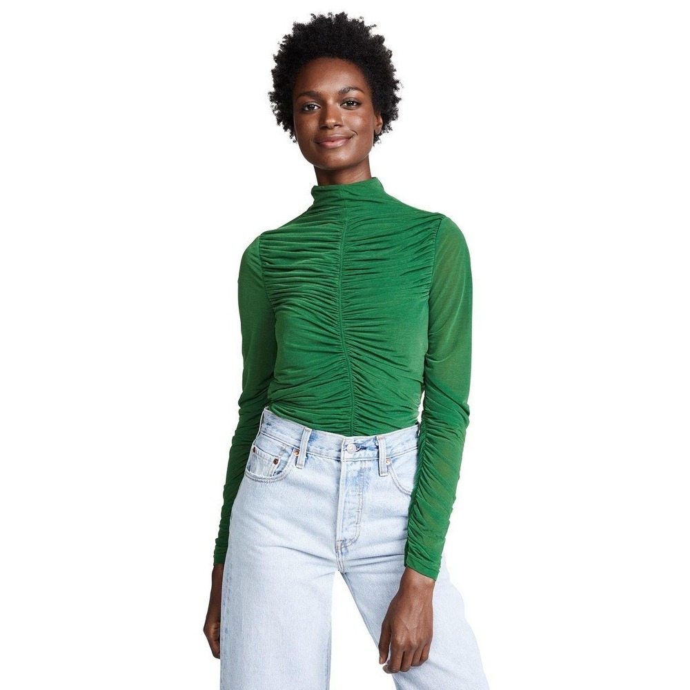 Diane von Furstenberg Ruched Green Mock Neck Designer Top Fitted Office Siren XS